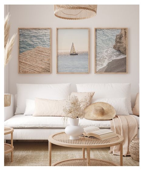 Hi there, thanks for visiting my shop! This is a set of 3 prints that include - A bamboo roof overlooking the sea - A sailboat on the sea - A rocky cliff overhanging a beach All my photography comes unframed and is printed and shipped by 3rd party vendors. If your print arrives with any damages from shipping, please reach out to me directly and we will get it sorted! For the options below, you have the choice of Photo paper or Fine art Paper.  Photo Paper: -Fuji Crystal Archive photographic pape Beach Small Apartment Decor, Beach Office Ideas, Luxury Beach Apartment, Beach Apartment Decor Coastal Style, Small Beach Condo, Beach Bungalow Interior, Boho Coastal Living Rooms, French Coastal Decor, Beachy Pictures