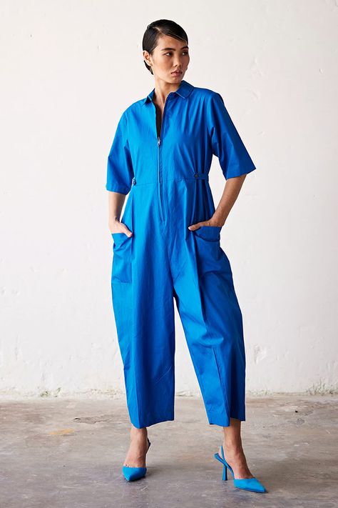 Shop for these amazing collections of Blue Poplin Plain Collared Neck Summer Nights Jumpsuit For Women by Kharakapas online at Aza Fashions. Collar Jumpsuit, Men's Ethnic Wear, Blue Jumpsuit, Wedding Jumpsuit, Blue Jumpsuits, Modern Wardrobe, Ethical Fashion, Shirt Collar, Jean Shirts