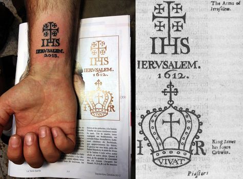 Recent work by Wassim depicting a Jerusalem Cross and pilgrimage date. A more ancient example was inked in 1612 on the arms of Scotsman William Lithgow, a courtier of James I Roman Catholic Tattoos, Catholic Tattoos, Russian Tattoo, Medieval Tattoo, Army Tattoos, Ancient Tattoo, Cross Tattoo Designs, Jesus Tattoo, Religious Tattoos