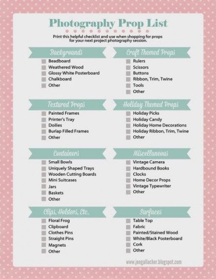 Freebie - Photography Prop List from Jennifer Gallagher Photography Studio Ideas, Photography Checklist, Photo Prop Ideas, Photography Business Ideas, Diy Photography Props, Photography Studio Setup, Wedding Photography Checklist, Nikon D5200, Diy Props