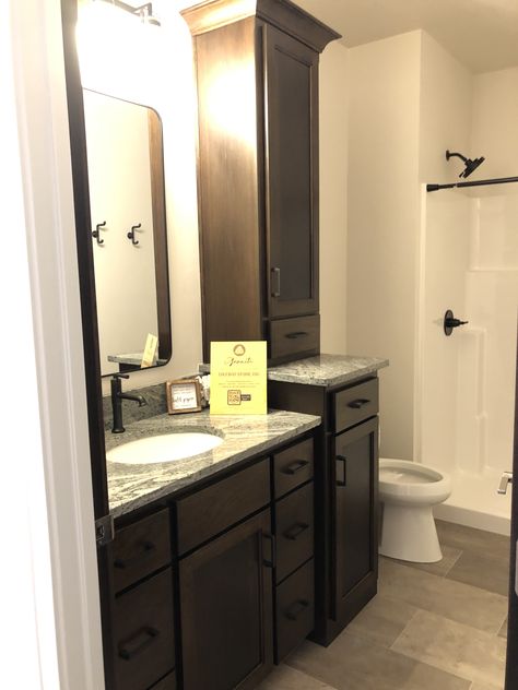 Bathroom With Dark Brown Cabinets, Dark Cabinet Bathroom, Dark Brown Bathroom Cabinets, Brown Bathroom Cabinets, Dark Cabinets Bathroom, Espresso Bathroom Cabinets, Espresso Bathroom Vanity, Dark Brown Bathroom, Dark Brown Cabinets