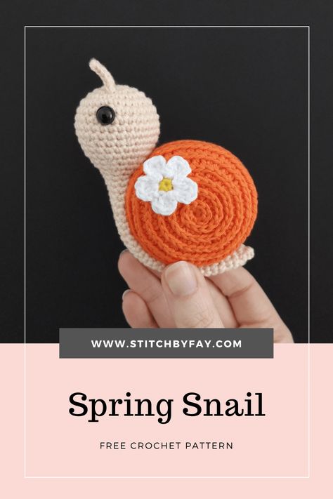 Spring Snail Crochet Pattern - Stitch by Fay Snail Crochet Pattern, Crochet Snail, Crochet Keychain Pattern, Crochet Animals Free Patterns, Crochet Butterfly, Crochet Amigurumi Free, Crochet Patterns Amigurumi, Crochet Dolls, Crochet Animals