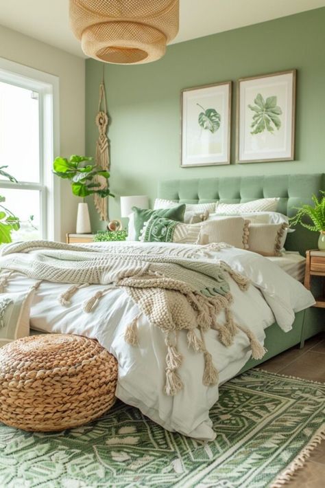 Green Bed Ideas, Green And Coral Bedroom, Boho Green Bedroom, Green And White Bedroom Ideas, Green And Yellow Bedroom, Green Boho Bedroom Ideas, Cozy Boho Bedroom Ideas, Boho Bedroom Green, Green Boho Bedroom