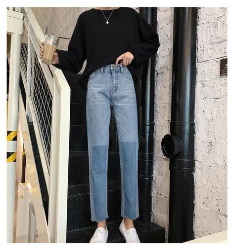 be53ee61104935234b174e62a07e53cfdesc47962540ri Loose Denim Pants Outfit, Straight Cut Jeans Outfit, Denim Pants Outfit, Jeans Outfit Ideas, Jeans Outfit For Work, Jean Trousers, Uniform Pants, Jeans Outfit Casual, Straight Cut Jeans