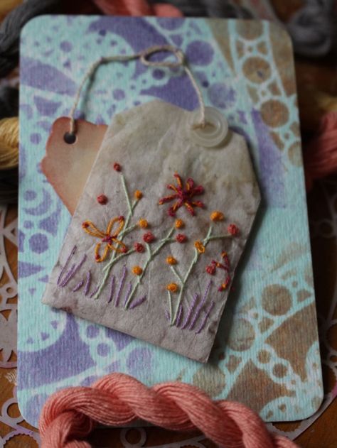 How To Paint On Tea Bags, Tea Bag Pouch, Tea Bags Art, Tea Bag Embroidery, Tea Embroidery Patterns, Tea Bag Crafts, Tea Bag Art Ideas, Teabag Embroidery, Teabag Art