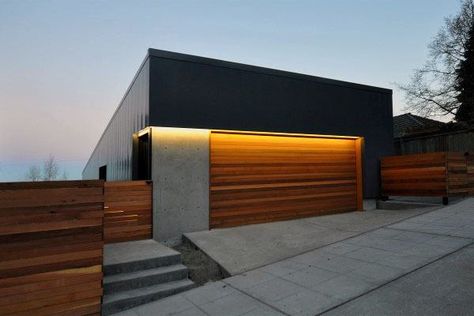 50 Outdoor Garage Lighting Ideas - Exterior Illumination Designs Contemporary Garage Doors, Contemporary Garage, Modern Garage Doors, Cool Garages, Wood Garage Doors, Garage Door Design, Wooden Garage, Modern Garage, Garage Lighting