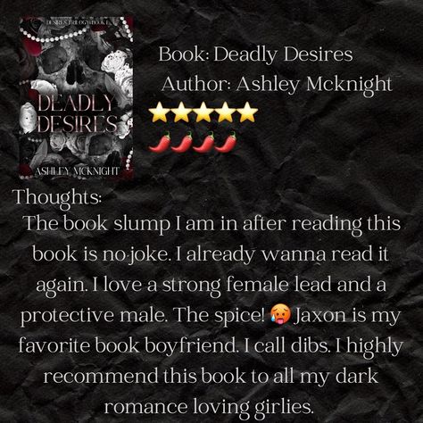 ARC review Book: Deadly Desires Author: @authorashleymcknight Release date: July 1st If you like dark romance where he falls first and hard then this book is most definitely for you. Check those trigger warnings though. I already can’t wait to read more from @authorashleymcknight This book was absolutely amazing and beautifully written. Thank you @trulyyours.pr and @authorashleymcknight for the ARC! 🖤 Deadly Desires is a dark, spicy, super-fast paced insta-love romance with stalker vibe... Dark Stalker Romance Books, Strong Female Lead, July 1st, Book Worm, Book Boyfriends, July 1, Fast Paced, Romance Books, Book Review