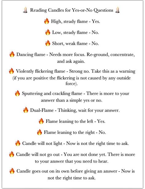 :: Reading Candles for Yes-or-No Questions 🕯✨• How To Talk To Spirits With Candles, Anointing A Candle, White Candles Meaning, Spiritual Candles Magic Spells, Fire Reading Witchcraft, Candle Light Reading, Preparing Candles For Spells, Candle Light Meaning, Candle Magic Flame Reading