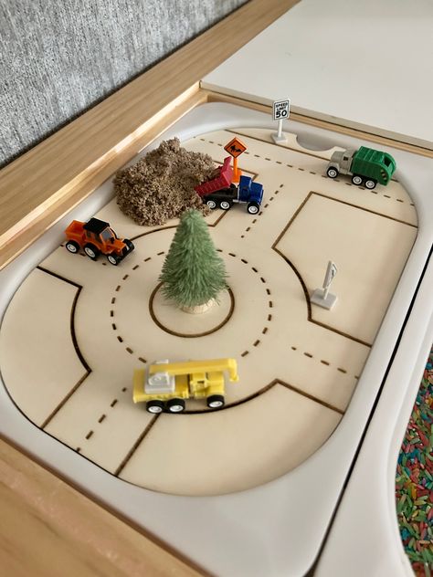 Trofast insert (small bin) Car track - Play road Cars Sensory Bin, Trofast Insert, Trofast Ikea, Flisat Table, Art Jacket, Sensory Table, Sensory Bin, Boys Bedroom, Sensory Bins