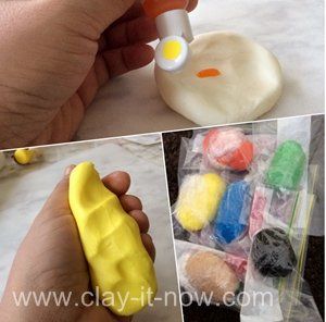 Coloring home-made air-dry clay before and after modeling Colouring Air Dry Clay, Color Air Dry Clay, Air Dry Clay Art Projects Diy, Air Dry Clay Coloring, Colored Air Dry Clay, How To Colour Air Dry Clay, How To Colour Clay, Coloring Air Dry Clay, How To Color Air Dry Clay