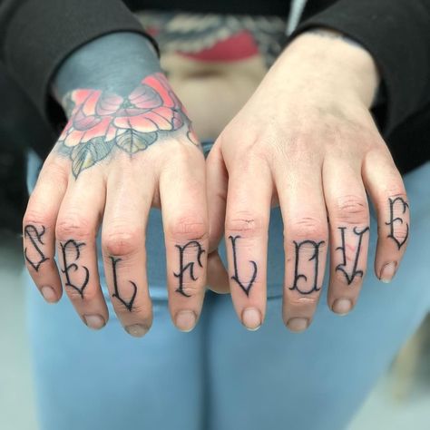 Self Love Finger Tattoo, Letter Finger Tattoos For Women, Love Tattoo On Finger, Knuckle Tattoos Words, Word Finger Tattoos, Knuckle Tattoos For Women, Tattoos Self Love, Tattoo Love Yourself, Men Finger Tattoos