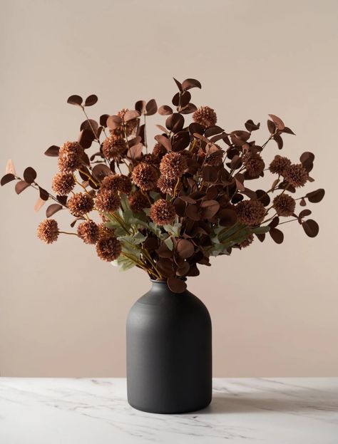 Kiku Flower, Brown Eucalyptus, Faux Arrangements, Eucalyptus Stems, Academia Decor, Dark Color Palette, Dark Academia Decor, Faux Flower Arrangements, Flower Stems