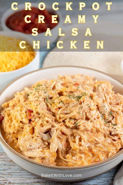 This crockpot creamy salsa chicken is an effortless, yet incredibly delicious, dinner that only uses 3 ingredients! Enjoy this tender and flavorful meat on tacos, in enchiladas, quesadillas, and more! It's so simple that you'll definitely be adding it to your weekly dinner rotation! BakeItWithLove.com Creamy Chicken Fajitas Crockpot, Creamy Chicken Tacos Crockpot, Crockpot Chicken Taco Recipes, Creamy Salsa Chicken, Crockpot Salsa Chicken, Crockpot Salsa, Salsa Chicken Crockpot, Chicken Mexican, Mexican Entrees