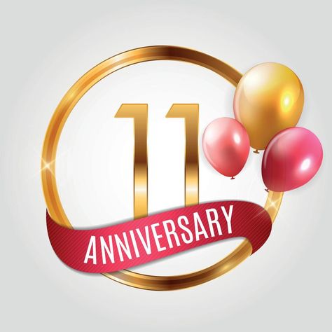 Template Gold Logo 11 Years Anniversary with Ribbon and Balloons Vector Illustration 11 Anniversary, 11 Year Anniversary, Anniversary Banner, 11th Anniversary, Background Images For Editing, Anniversary Logo, 10 Year Anniversary, Anniversary Cake, Gold Logo