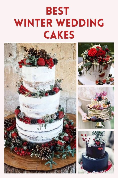 Beautiful winter wedding cakes that are perfect for a stylish winter wedding. Winter Wedding Cakes Elegant, December Wedding Cakes, February Wedding Cake Ideas, December Wedding Cake Ideas, Small Wedding Cake Ideas Simple, Wedding Cakes Christmas, Christmas Wedding Cake Ideas, Christmas Bridal Shower Cake, December Wedding Cake