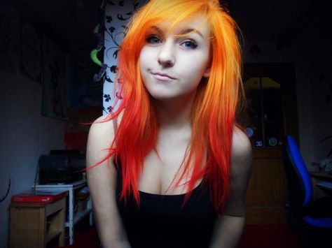 fiery hair Orange Scene Hair, Emo Orange Hair, Red And Orange Hair, Scene Girl Hair, Orange Ombre Hair, Hair Dye Tips, Hair Orange, Scene Girl, Multi Colored Hair