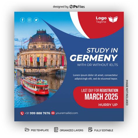 Study Abroad Social Media Post Design Free PSD Template - PsFiles Study Abroad Template, Study Abroad Social Media Post, German Study, Free College, Social Media Post Design, Studying Abroad, School Admissions, Psd Template Free, Education College