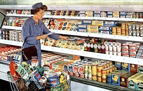 At the grocery store in the 1950s. Lady in blue, shopping carts filled to the brim, meticulously places products. 50s Grocery Store, Store Artwork, 1950s Life, Shopping Carts, Mural Ideas, Grocery Stores, Cherished Memories, The 1950s, Grocery Store