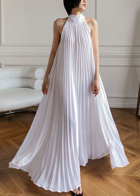 Pleated Dress Casual, Long Dress Summer, Off Shoulder Long Dress, Beach White Dress, White Turtleneck, Long Summer Dresses, Dress Summer, Beach Dress, Pleated Dress