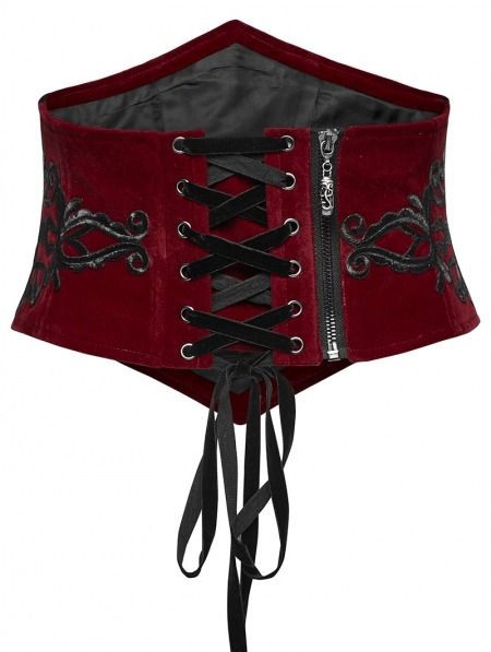 Red Gothic Embroidery Velvet Retro Underbust Corset Waistband - Devilnight.co.uk Red Corset Belt, Red And Black Fits, Victorian Wedding Dress Corset, Corset Ideas, Corset Aesthetic, Red Steampunk, Steampunk Skirts, Gothic Prom Dress, Victorian Ball Gowns