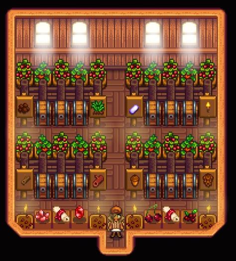 Stardew Valley - Storage Room Stardew Valley Storage Shed Design, Stardew Valley Shed Storage, Stardew Valley Storage Ideas, Stardew Valley Storage Layout, Storage Stardew Valley, Storage Shed Stardew Valley, Storage Room Stardew Valley, Stardew Storage Layout, Greenhouse Layout Stardew Valley