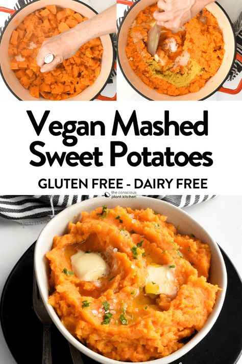 Vegan Mashed Sweet Potatoes is the vegan side dish you want on your holiday table. A vibrant orange mash with the most delicious creamy, sweet and smooth texture that everyone love! Bonus, this healthy mash sweet potato recipe is also gluten-free and dairy-free. Daniel Fast Sweet Potato Recipes, Vegan Mashed Sweet Potatoes, Vegan Sweet Potato Recipes, Sweet Potato Recipes Mashed, Boiling Sweet Potatoes, Vegan Potato Salads, Fast Recipes, Holiday Side, Vegan Side Dishes