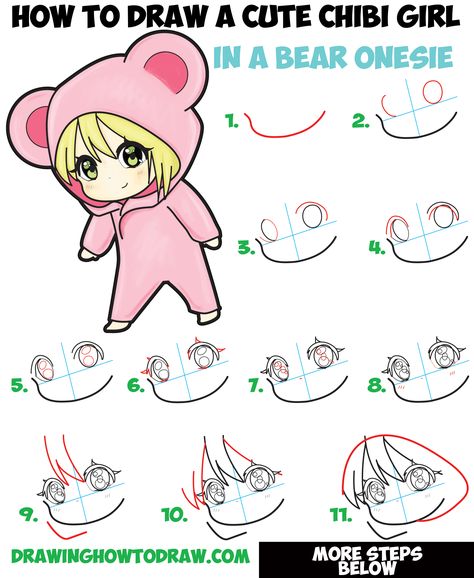 How to Draw a Cute Chibi Girl Dressed in a Hooded Bear Onesie Pajamas Costume with Simple Steps Drawing Tutorial for Beginners Number Drawings, Anime For Beginners, How To Draw Cute, Girl Drawing Easy, Chibi Girl Drawings, How To Draw Anime, Character Design Tutorial, الفن الرقمي, Drawing Lessons For Kids