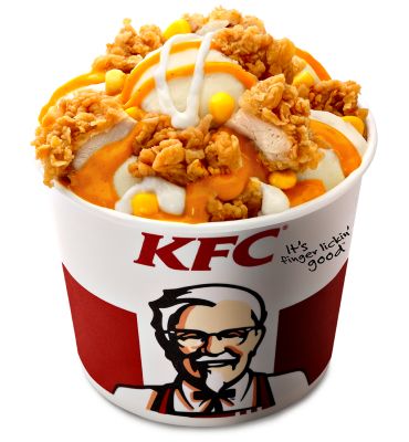 KFC Malaysia Loaded Potato Bowl - mashed potato, sweet kernel corn, crispy Zinger chunks, topped with signature Cheezy sauce and mayonnaise Kfc Malaysia, Loaded Potato Bowl, Kfc Breakfast, Mashed Potato Bowl, Kfc Food, Kfc Delivery, Kfc Restaurant, Potato Bowl, Kfc Recipe