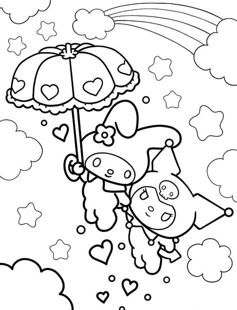 Umbrella Carrying Kuromi And Melody In The Air Hello Kitty Desenho, Hello Kitty Colouring Pages, Hello Kitty Printables, Love Coloring Pages, Kitty Coloring, Hello Kitty Coloring, صفحات التلوين, Detailed Coloring Pages, Hello Kitty Drawing