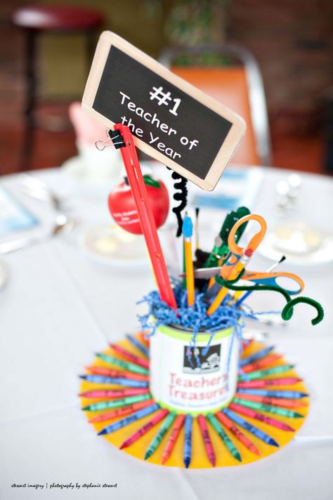 School Supply Centerpiece, Teacher Centerpieces Table Decorations, School Centerpieces, Teacher Graduation Party, Church Table, Kindergarten Graduation Party, Teacher Table, Dinner Centerpieces, Appreciation Gifts Diy