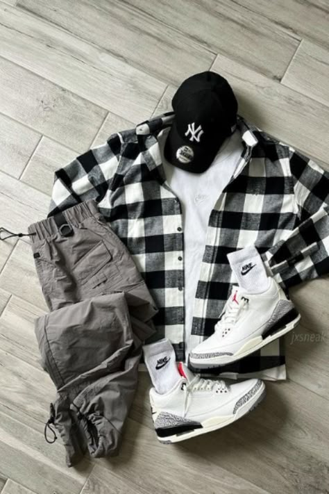 Winter Drip, Jordan 3 White Cement, Guys Fashion Casual, Hype Clothing, Flannel Outfits, Dope Fits, White Cement, Fall Outfits Men, Street Style Outfits Men