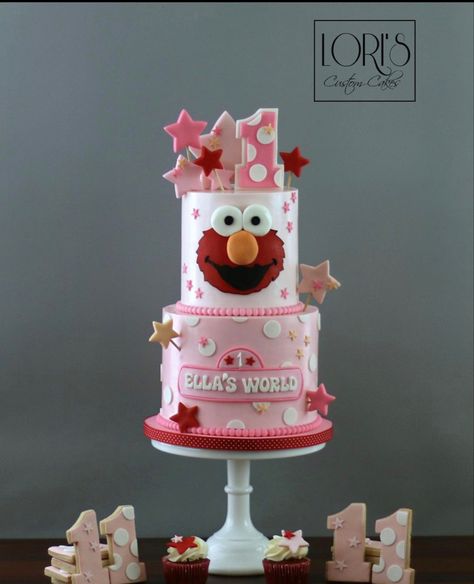 Elmo Birthday Party Girl Cake, Elmo World Birthday Party, Elmo Cake Girly, Girl Sesame Street Birthday, Elmo Birthday Party Girl, Girly Elmo Birthday Party, Elmo Cakes, Sesame Street Birthday Cakes, Elmo First Birthday