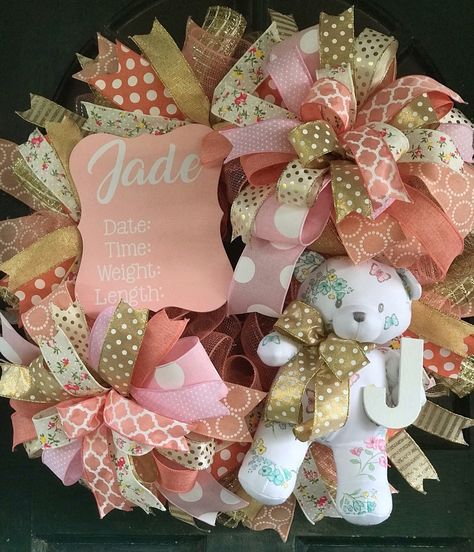 Baby Wreaths, Hospital Door Wreath Girl, Baby Girl Wreaths, Baby Girl Wreath Ideas, Baby Wreath Ideas, New Baby Wreath, Baby Door Wreaths, Hospital Door Wreaths, Baby Wreath Girl