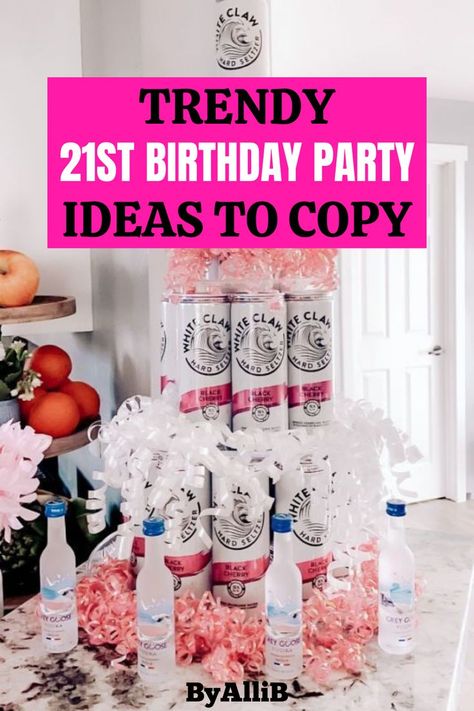 these themes and ideas were exactly what i was looking for when I was throwing my 21st birthday party Gifts For 21st Birthday, Alcohol Tower, 21st Birthday Gift Baskets, 21st Birthday Party Ideas, 21st Birthday Gifts For Girls, 21st Birthday Basket, 21st Birthday Ideas, 21st Birthday Sash, 21st Birthday Themes