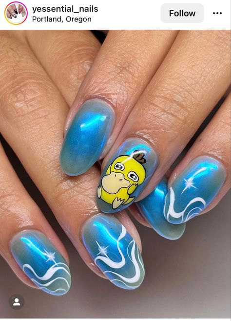 Psyduck Pikmin Nail Art, Simple Pokemon Nails, Pokemon Manicure, Psyduck Nails, Pokemon Nails Designs, Hombre Nail, Orlando Nails, Pokemon Nail Art, Pokemon Nails