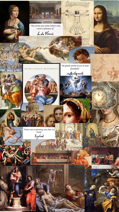 Art History Collage, Renesans Art, History Of Art Aesthetic, Art History Wallpaper, Art Wallpaper Landscape, Leonardo Da Vinci Pinturas, Art Collage Wallpaper, Michelangelo Artist, Art History Aesthetic