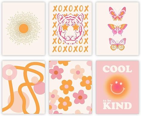 Pink and Orange Wall Art Preppy Room Decor Aesthetic Posters 70s Decor Trendy College Dorm Decorations for Teen Girls Bedroom | Pack of 6, Unframed 8x10 Pink And Orange Wall Art, Aesthetic Posters, College Decor, Dorm Wall Decor, Teenage Room, 70s Decor, Orange Wall Art, Dorm Walls, Pastel Room