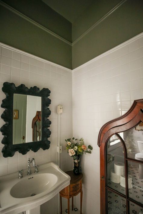 Timeless & Fresh Bathroom Remodel with the Sherwin-Williams Color of the Year 2022 — Probably This White Porcelain Tile, Mahogany Cabinets, Sherwin Williams Colors, Modern Victorian, Widespread Bathroom Faucet, Types Of Rooms, Victorian Design, Chrome Colour, En Suite Bathroom