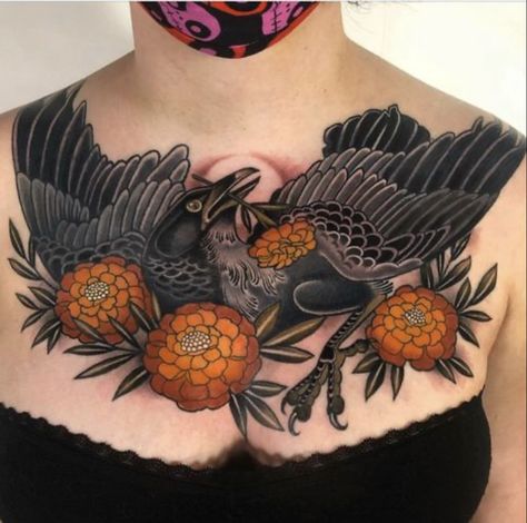 Neo Traditional Chest Tattoo, Traditional Back Tattoo, Traditional Chest Tattoo, Crow Tattoo, Sweet Tattoos, Chest Piece Tattoos, Dark Art Tattoo, Old Tattoos, Spine Tattoos