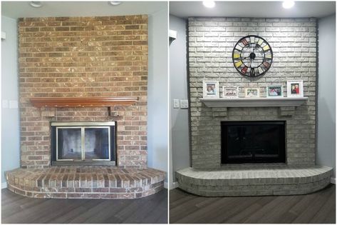 Before/After Brick-Anew Fireplace Paint Stained Brick Fireplace Before And After, Painting Fireplace Brick, Wash Brick Fireplace, Painted Fireplaces, Painting Fireplace, Fireplace Painting, Fireplace Paint, Reface Fireplace, Fireplace Makeovers