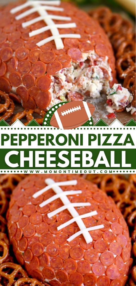 Football Cheese Ball Recipes, Pepperoni Football Cheeseball, Football Cheeseball Recipes, East Football Snacks, Georgia Bulldog Appetizers, Superbowl Cheeseball, Game Day Food Ideas Football Season, Football Apps Appetizers, Gameday Recipes Football Season