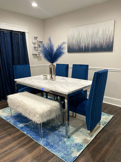 Blue Dining Chairs and White Dining Bench White Dining Bench, Blue Dining Chairs, Blue Dining Tables, Dining Room Table Marble, Blue Dining Chair, White Dining Table, Blue Chair, Blue Color Schemes, Glossy White