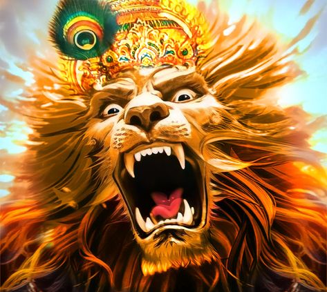 Bhagwan Tattoo, Narasimha Swamy Painting, Narsingh Bhagwan, Vishnu Dev, Lion God, Narasimha Swamy, Om Symbol Wallpaper, Thumbnail Background, Hd Dark Wallpapers