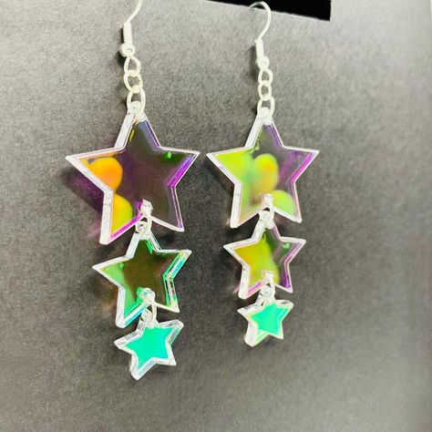 Laser Cut Iridescent String of Stars Acrylic Earrings Rainbow | Etsy Kawaii Spider, Iridescent Earrings, Iridescent Acrylic, Laser Cut Earrings, Crescent Moon Earrings, Laser Cut Acrylic, Rainbow Earrings, Moon Earrings, Wood Earrings