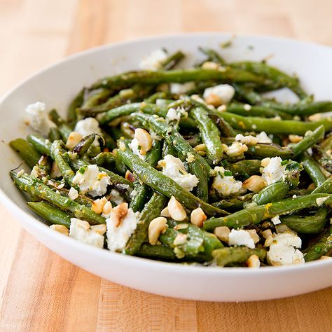 Roasted Green Beans with Goat Cheese and Hazelnuts | Cook's Country Oven Roasted Green Beans, Hazelnut Recipes, Cooks Country, Oven Rack, Roasted Green Beans, America's Test Kitchen Recipes, Cooks Illustrated, America's Test Kitchen, Green Bean Recipes