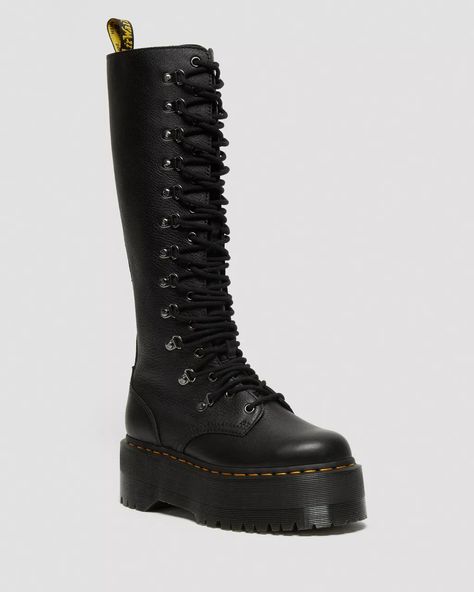 1B60 Max Hardware Leather Extra High Boots in Black | Dr. Martens Knee High Docs Outfit, Job Clothes, Black Dr Martens, Leather Knee High Boots, Dr Martens Boots, Knee High Leather Boots, Dr Martens Shoes, Boots Knee, Martens Shoes