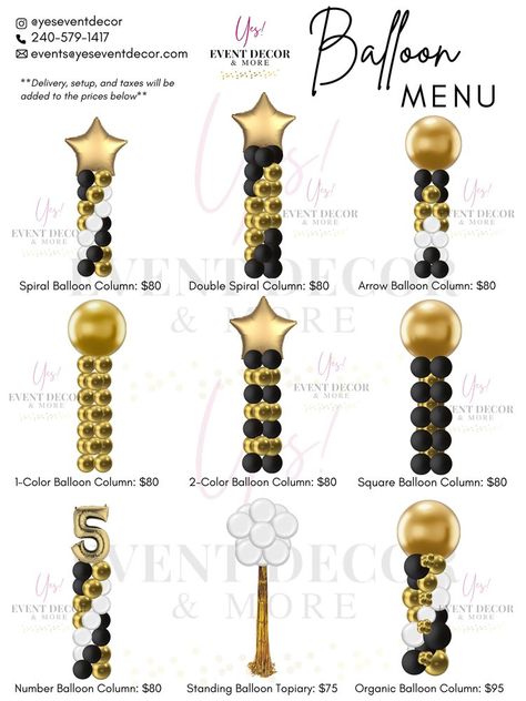 Event Decorating Resources — Yes! Event Decor & More Design Studio Decor, Balloon Prices, Black And Gold Balloons, Event Decorating, Business Information, Balloon Centerpieces, Balloon Backdrop, Balloon Columns, Gold Balloons