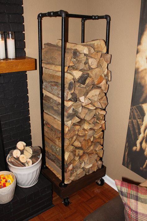 Plumbing Pipe Log Holder ~ I like this idea, you can roll it to the backdoor, fill it up and roll it back into place. Woodstove Ideas, Firewood Storage Indoor, Wood Carrier, Pvc Pipe Projects, Firewood Holder, Fireplace Shelves, Wood Holder, Pvc Projects, Fire Wood