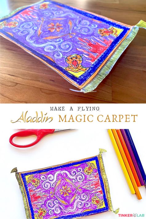 Make your very own Aladdin flying magic carpet. This fun activity includes drawing, designing, and a little bit of science magic with magnets. Aladdin Magic Carpet Diy, Aladdin Carpet Drawing, Aladdin Activities For Kids, Aladdin Crafts For Kids, Disney Stem Activities, Aladdin Activities, Aladdin Crafts, Magic Carpet Aladdin, Aladdin Play