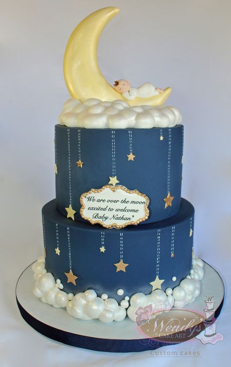 www.wendyscakeart.com Baby cake, baby shower cake, boy cake, blue cake, moon cake, clouds cake Moon Baby Shower Cake, Torturi Baby Shower, Fair Cake, Cake Baptism, Gold Baby Shower Cake, Moon Stars Baby Shower, Star Baby Shower Theme, Coffee Line, Twinkle Twinkle Baby Shower